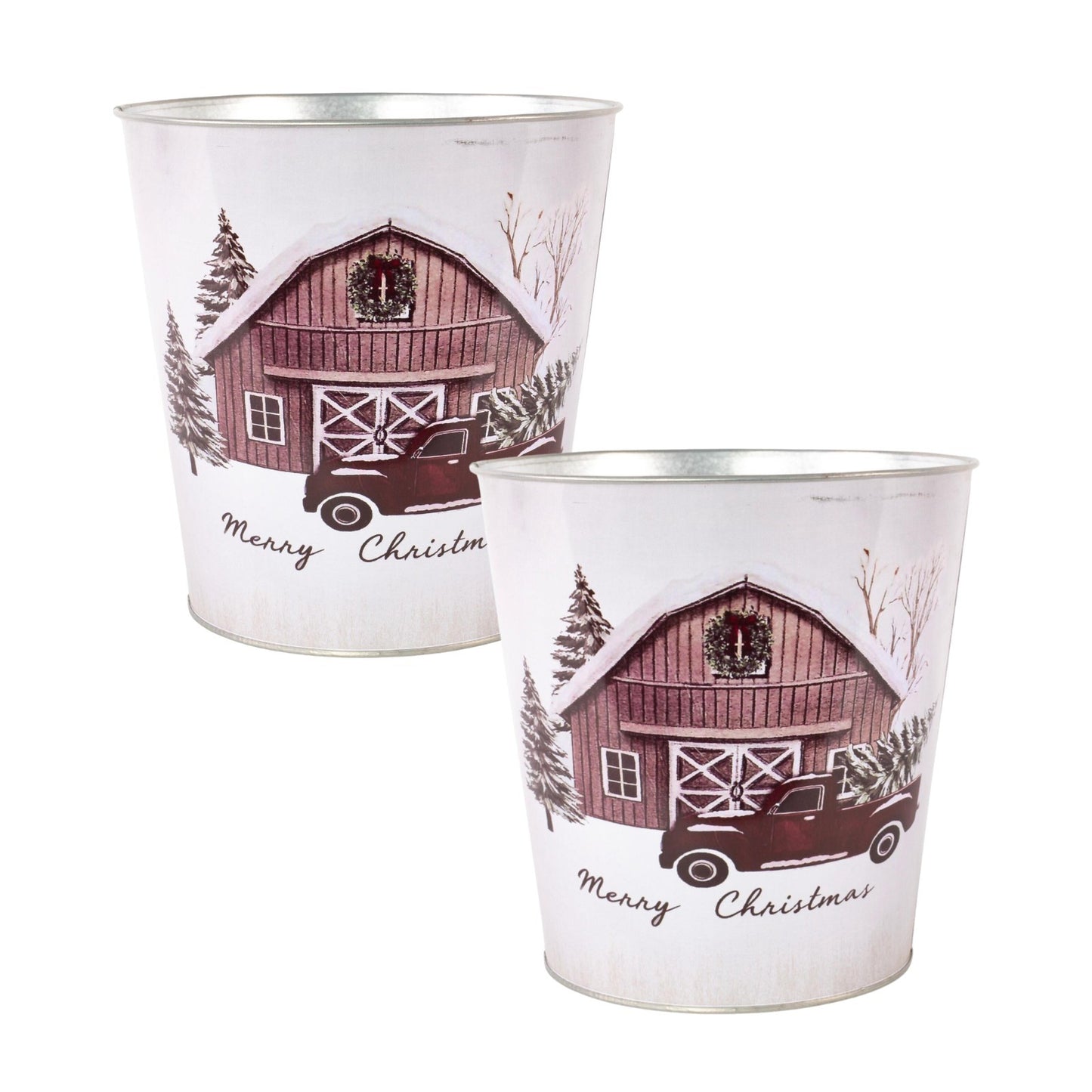 Metal Merry Christmas Car Scene Tin Pail 16cm Plant Pot Festive Xmas Planter