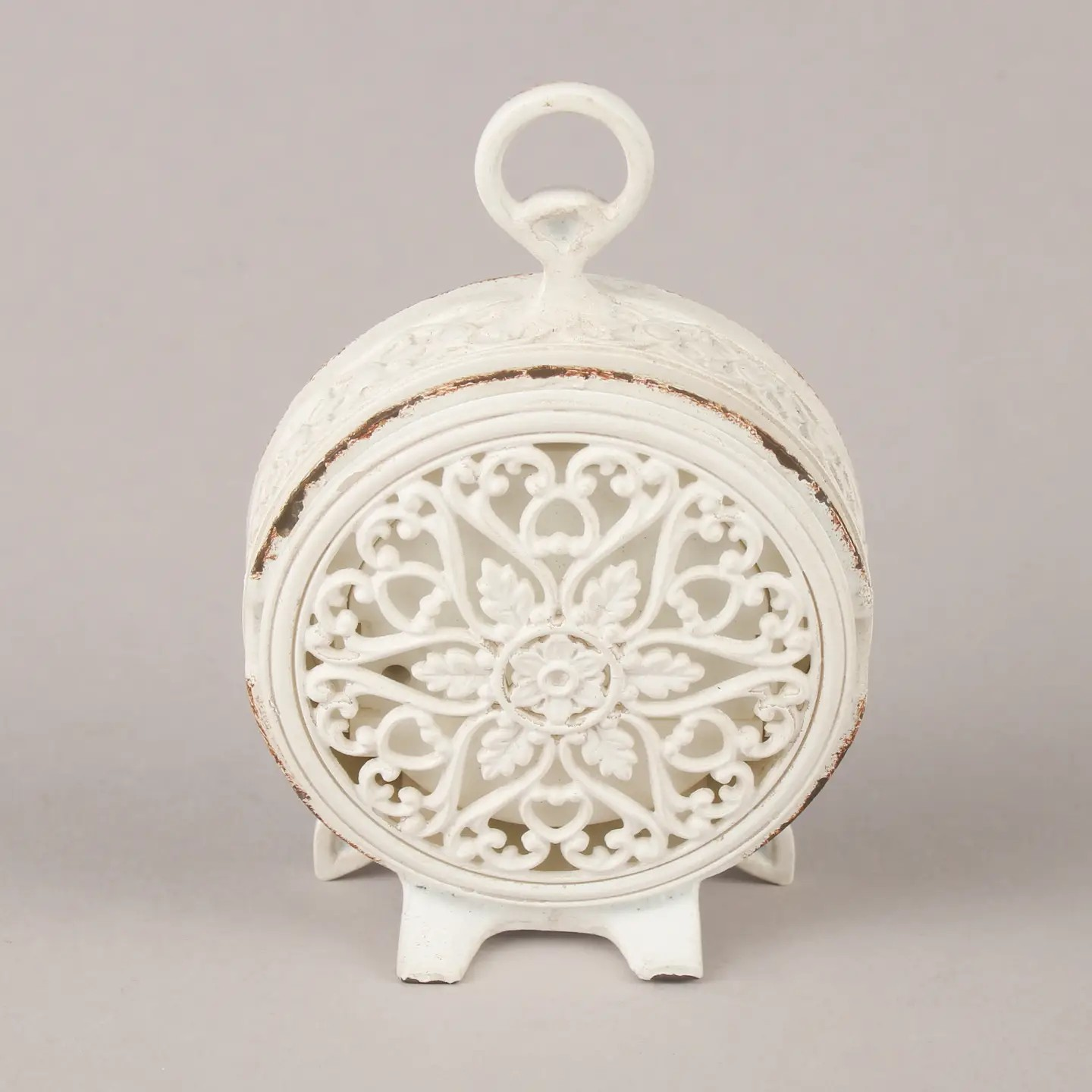 Grey Metal Mantel Clock Numeral Rustic Shabby Chic Ring Handle Table Time Piece