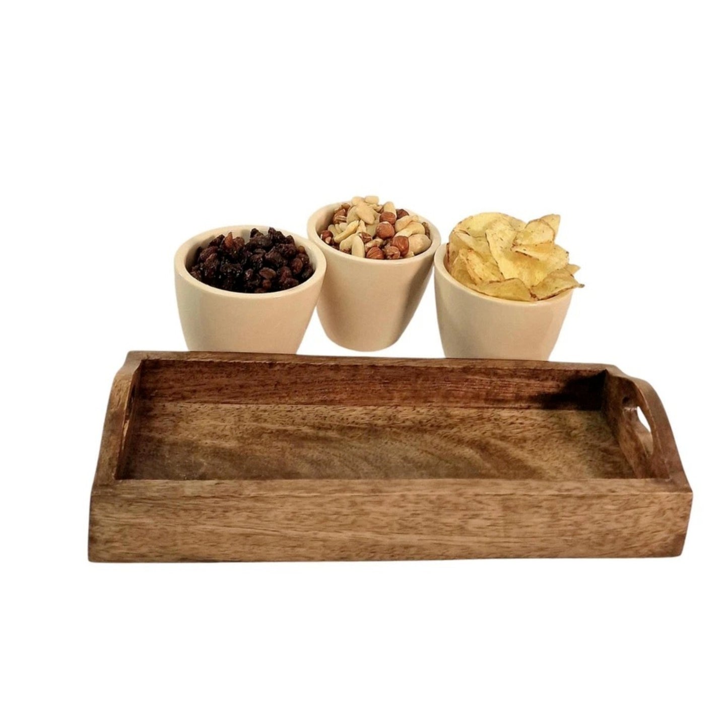 3Pc Ceramic Beige Snack/Nibble Bowls with Mango Wood Tray Kitchen Serving Dish