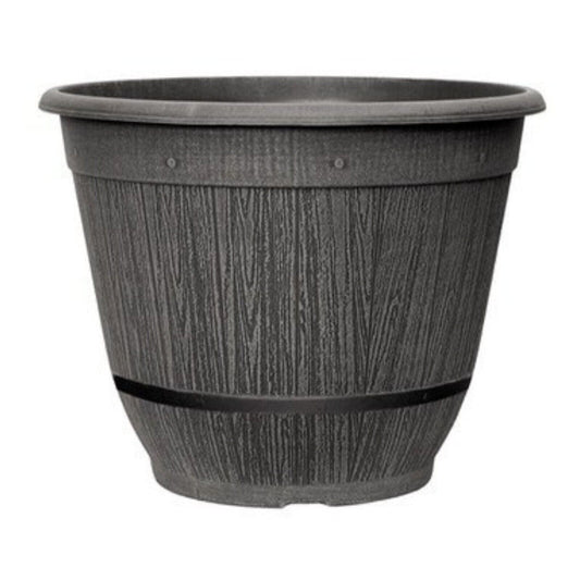 Round Grey Plastic Cask Planter Bell with Band 35cm Home Garden 17L Plant Pot
