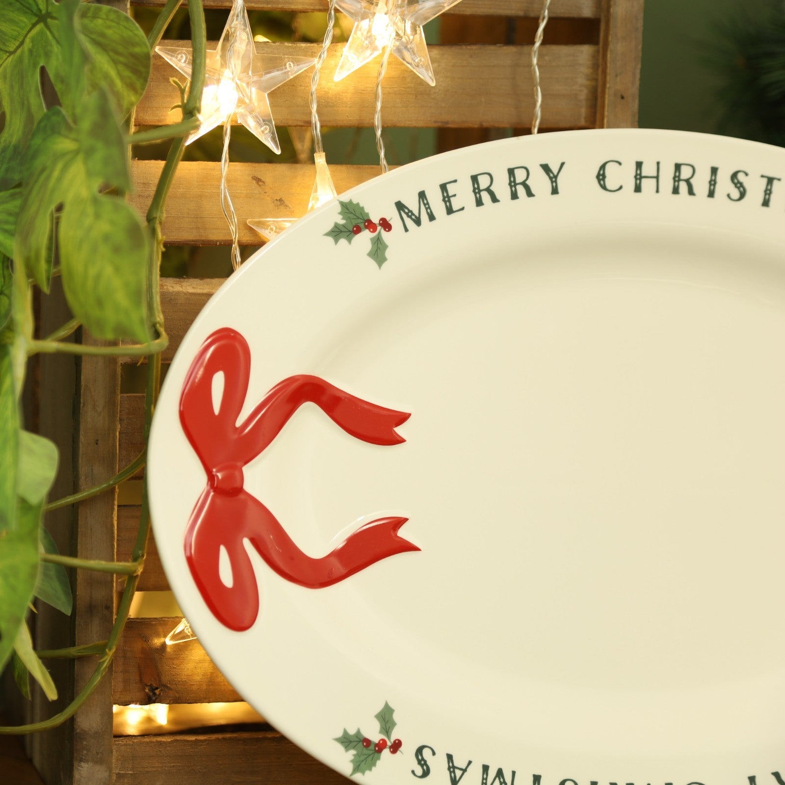 Ceramic White Plate Bow Merry Christmas Dinner Tableware Dining Table Gloss Xmas