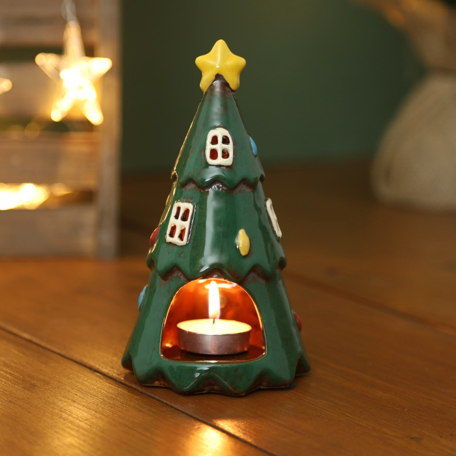 Ceramic Green Tree Tealight Holder Festive Christmas Xmas Ornament Decor Gift