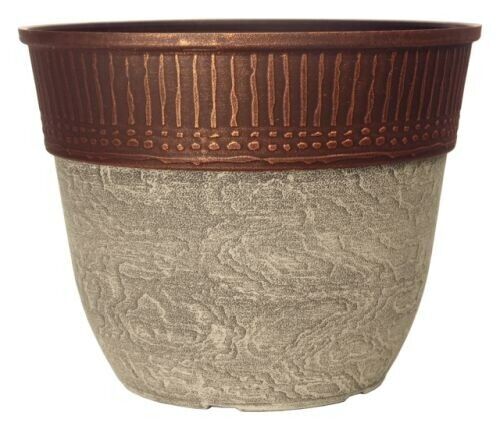 Set of 2 Stone Look Copper Rim Plastic Plant Pot 38cm 23L Round Garden Planter