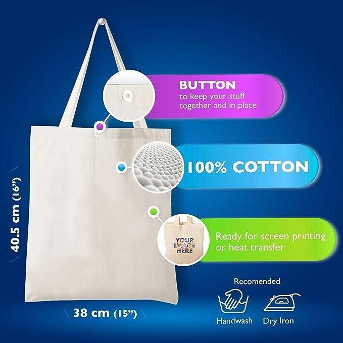10 Bags Pure Cotton Tote Shopping Carrier Bag Eco Friendly Recycle Long Handle