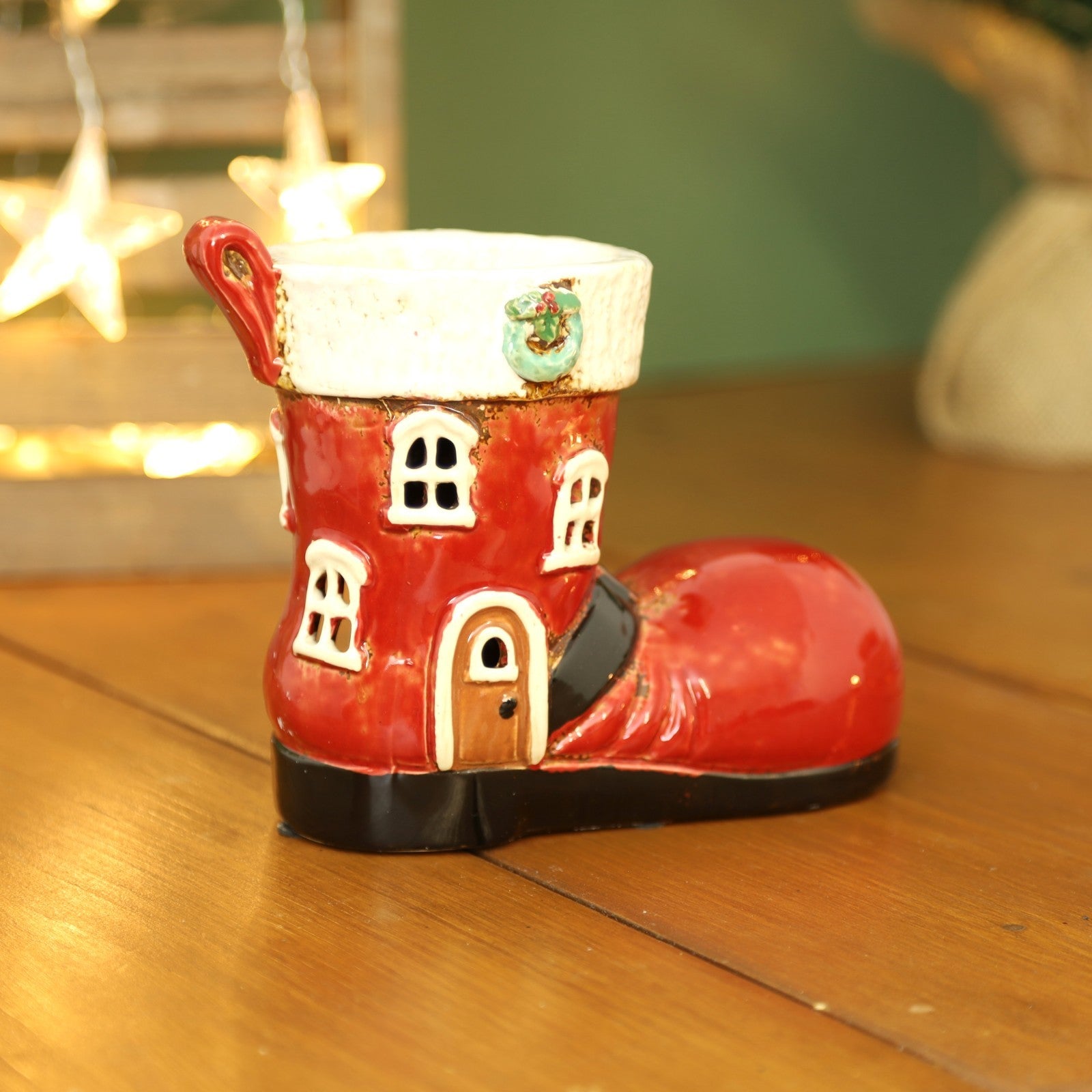 Ceramic Red Santa Boot Wax Melt Burner Christmas Shoe Wax Warmer Xmas Ornament