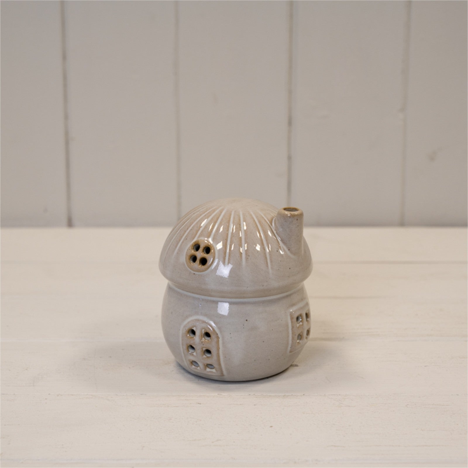 Glazed Ceramic Mushroom House LED Ornament Shelfsitter Textured Autumn Halloween