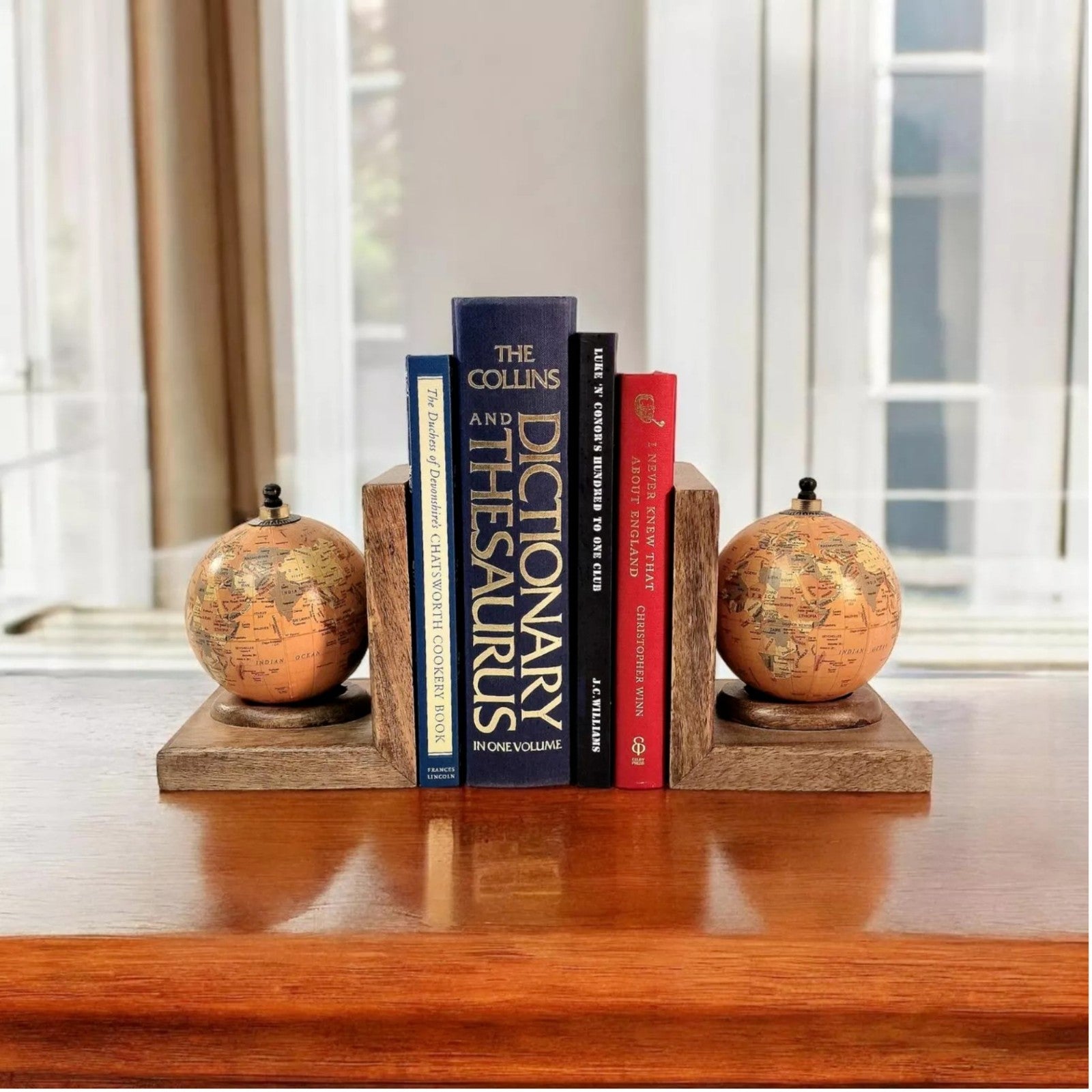 Mango Wooden Pair of World Globe Bookends Set Home Office Shelfsitter Stationery