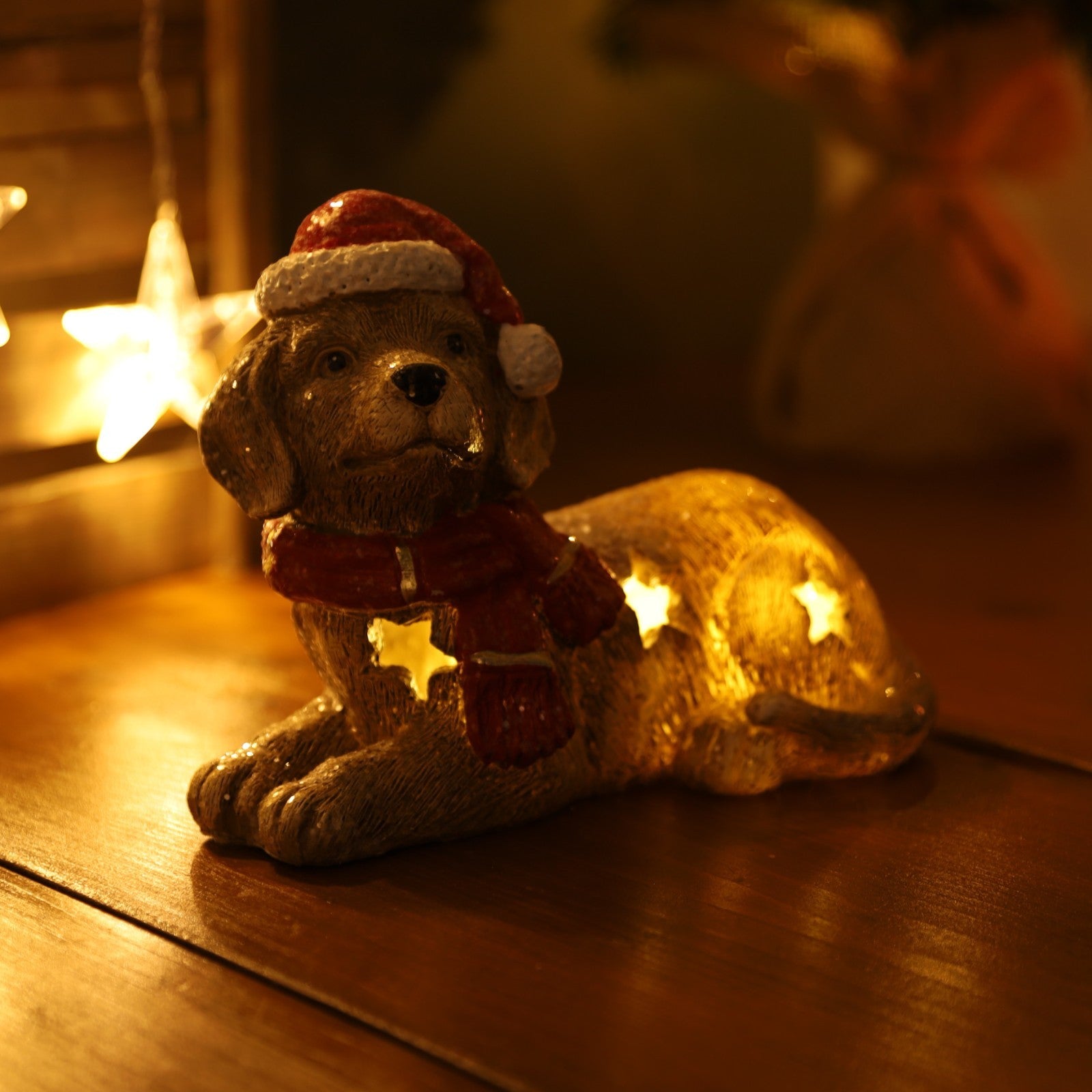 Christmas Cement Sitting Dog With Led Ornament Scarf Cap Stars Cutout Home Gift
