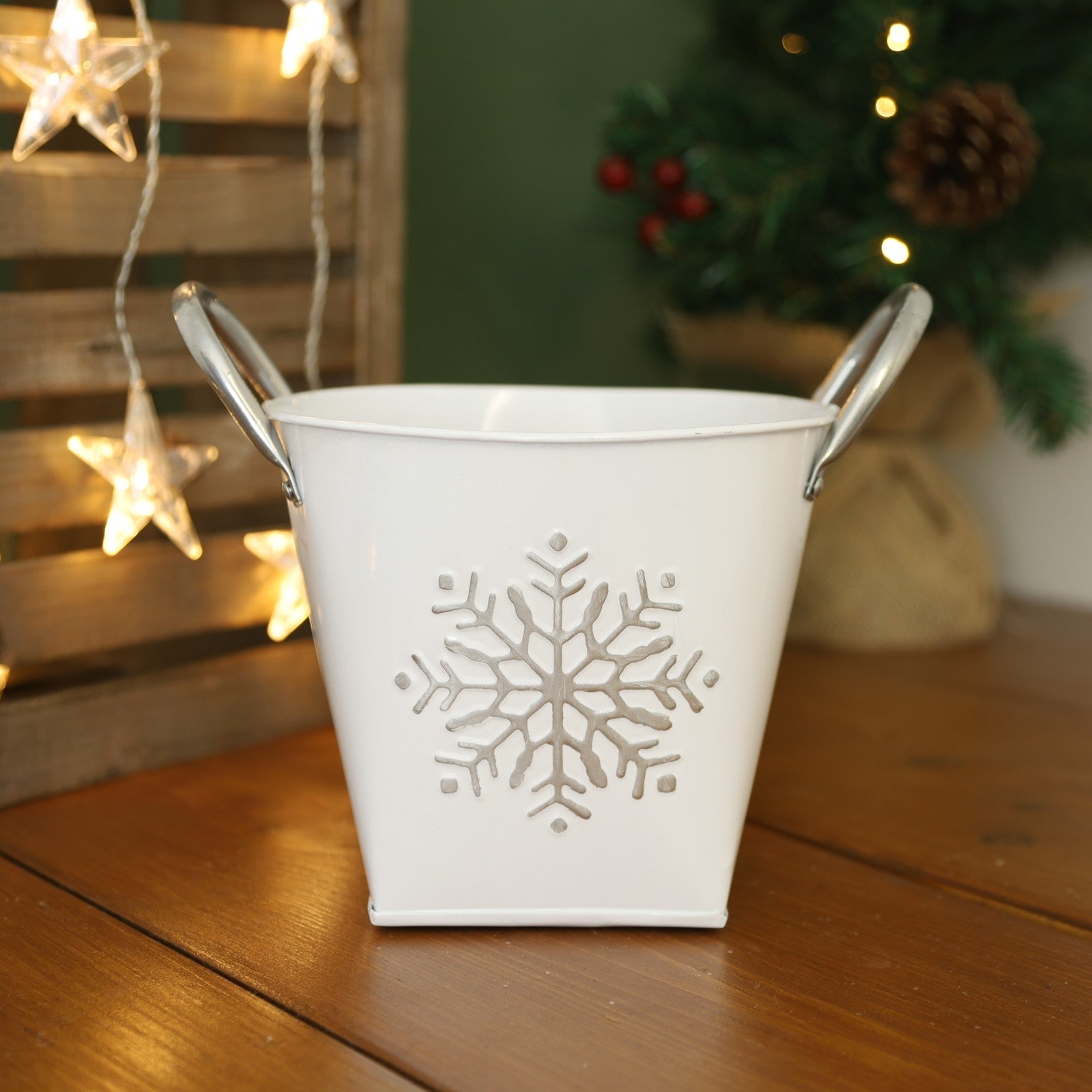 Zinc Silver Planter Snowflake Design with Handles 17cm Home Garden Plant Pot