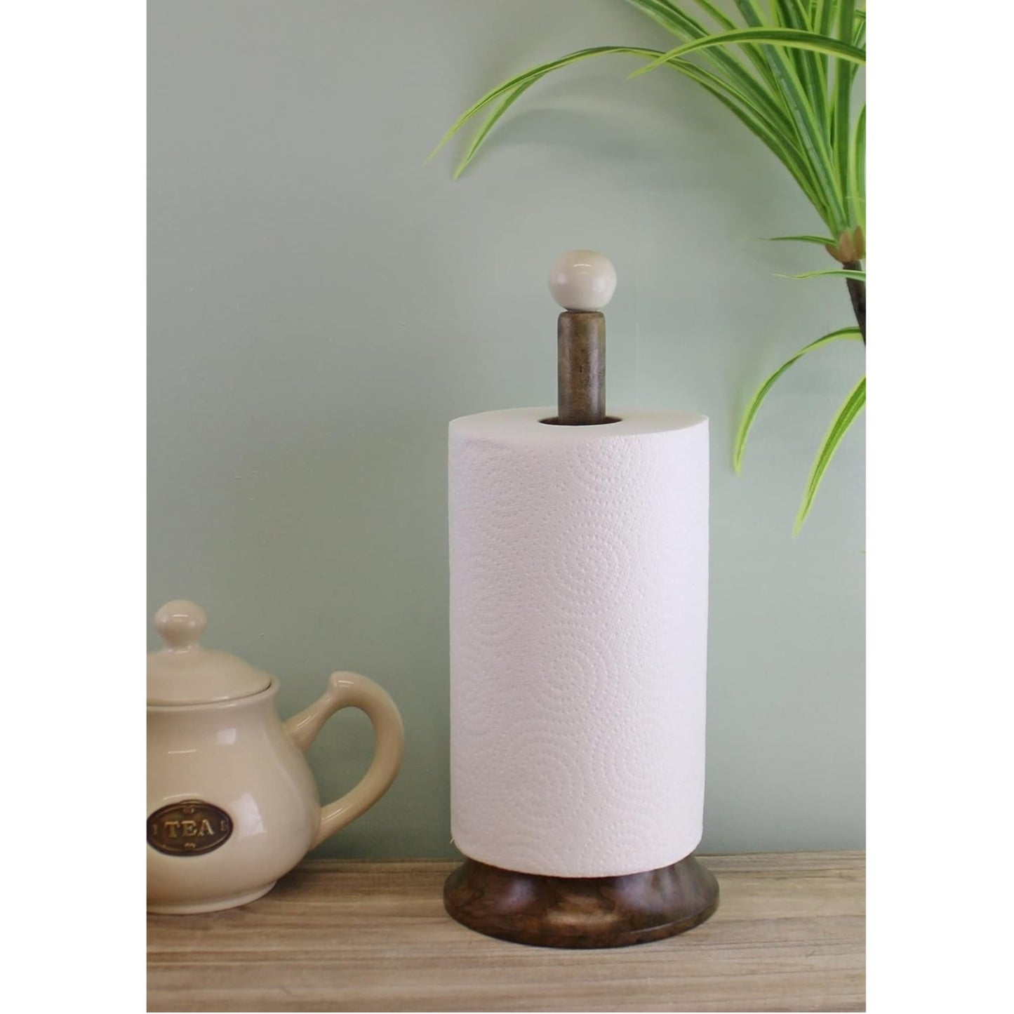 Brown Wood & Ceramic Kitchen Roll Holder French Paper Towel Holder Tissue Stand