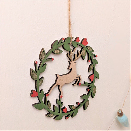 15cm Festive Reindeer Wooden Glitter Christmas Plaque Wreath Home Wall Decor