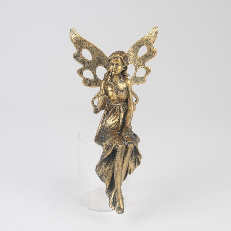 Resin Gold Fairy with Metal Wings Statue Antique Sitting Garden Vintage Ornament