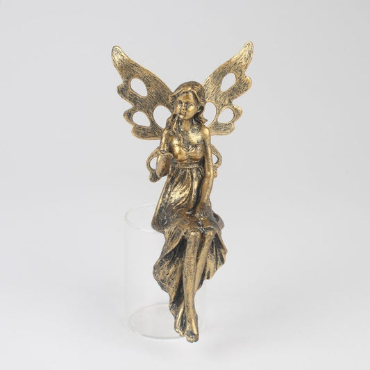 Resin Gold Fairy with Metal Wings Statue Antique Sitting Garden Vintage Ornament
