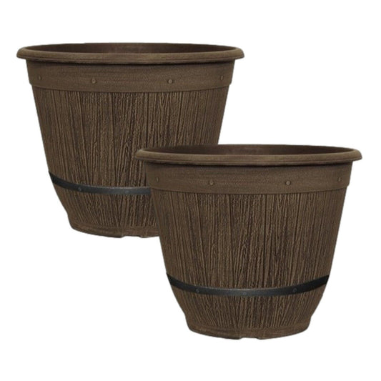 2Pc Round Brown Plastic Cask Planter Bell with Band 35cm Garden 17L Plant Pot