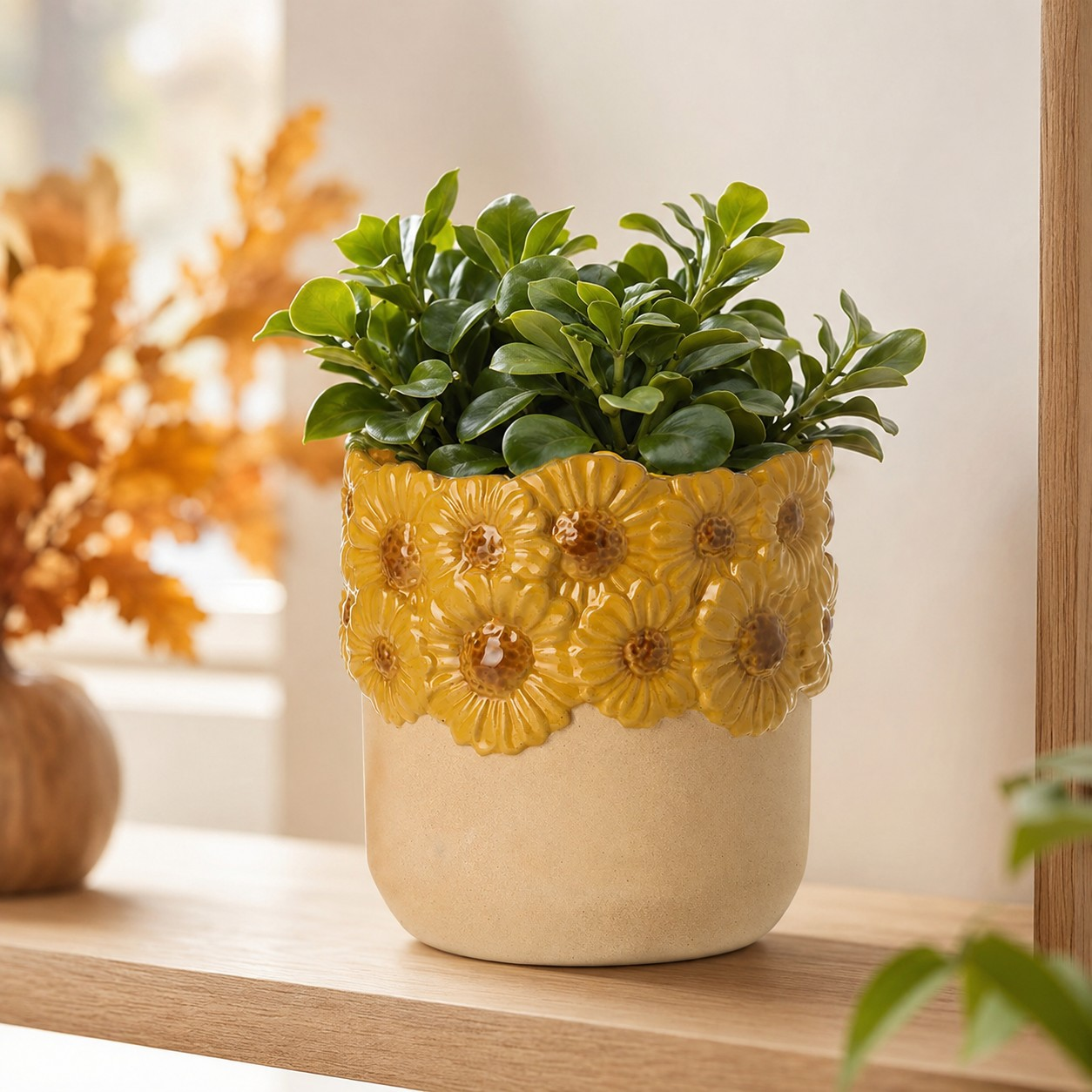 Ceramic Yellow Sunflower Plant Pot 13cm Flower Planter Indoor Round Cachepot
