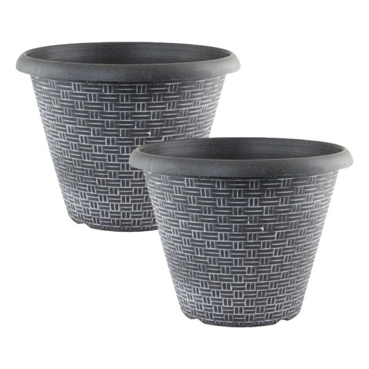 2Pc Round Plastic Plant Pot 30cm Black Woven 9L Home Garden Outdoor Planter