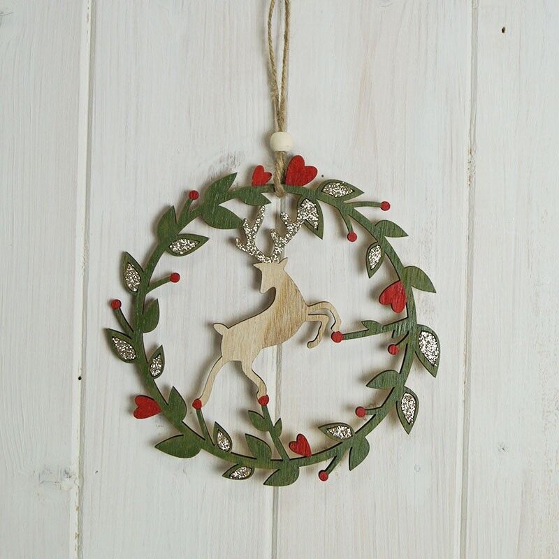 15cm Festive Reindeer Wooden Glitter Christmas Plaque Wreath Home Wall Decor