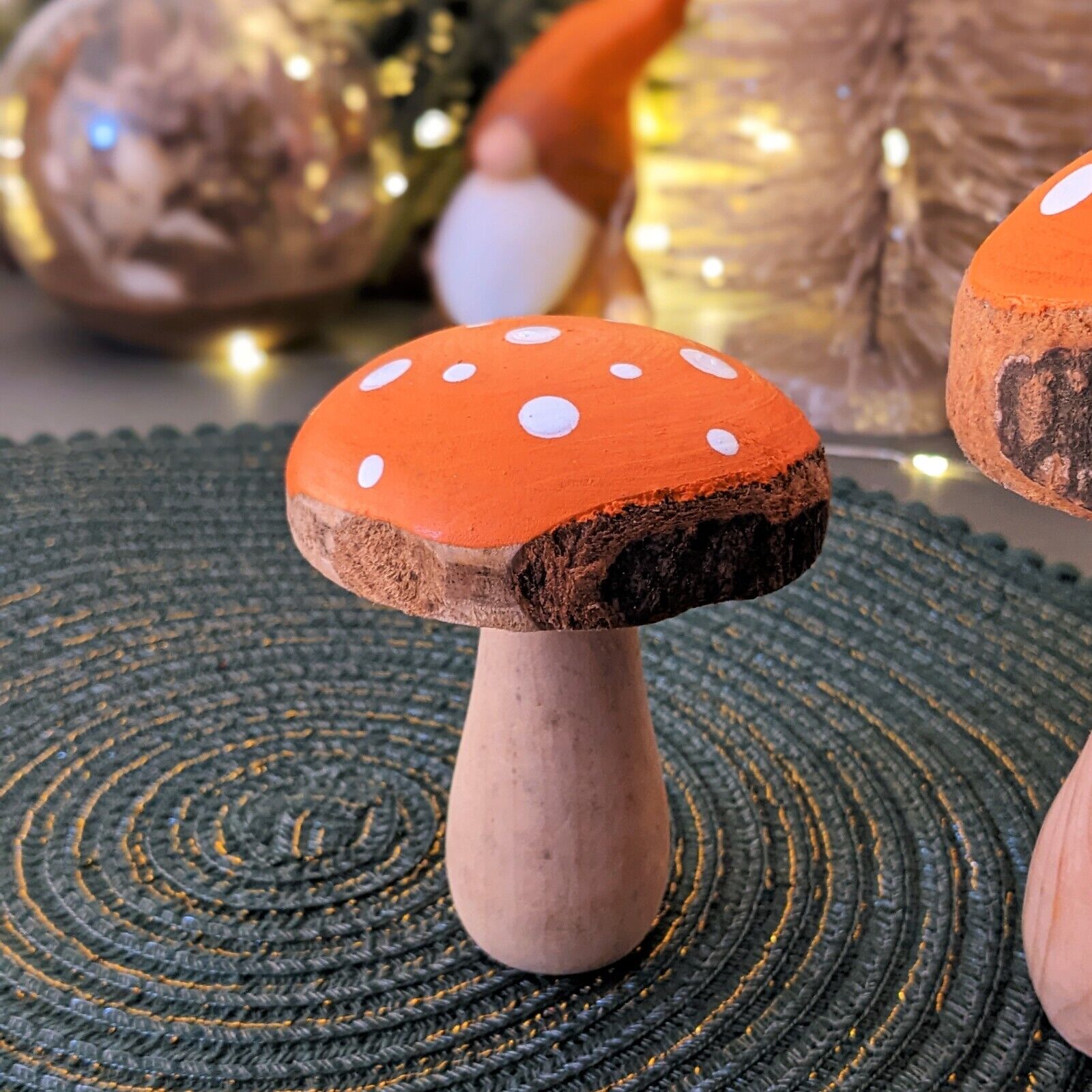 Wooden Orange Painted Mushroom Autumn Fall Toadstool Ornament Home Decor