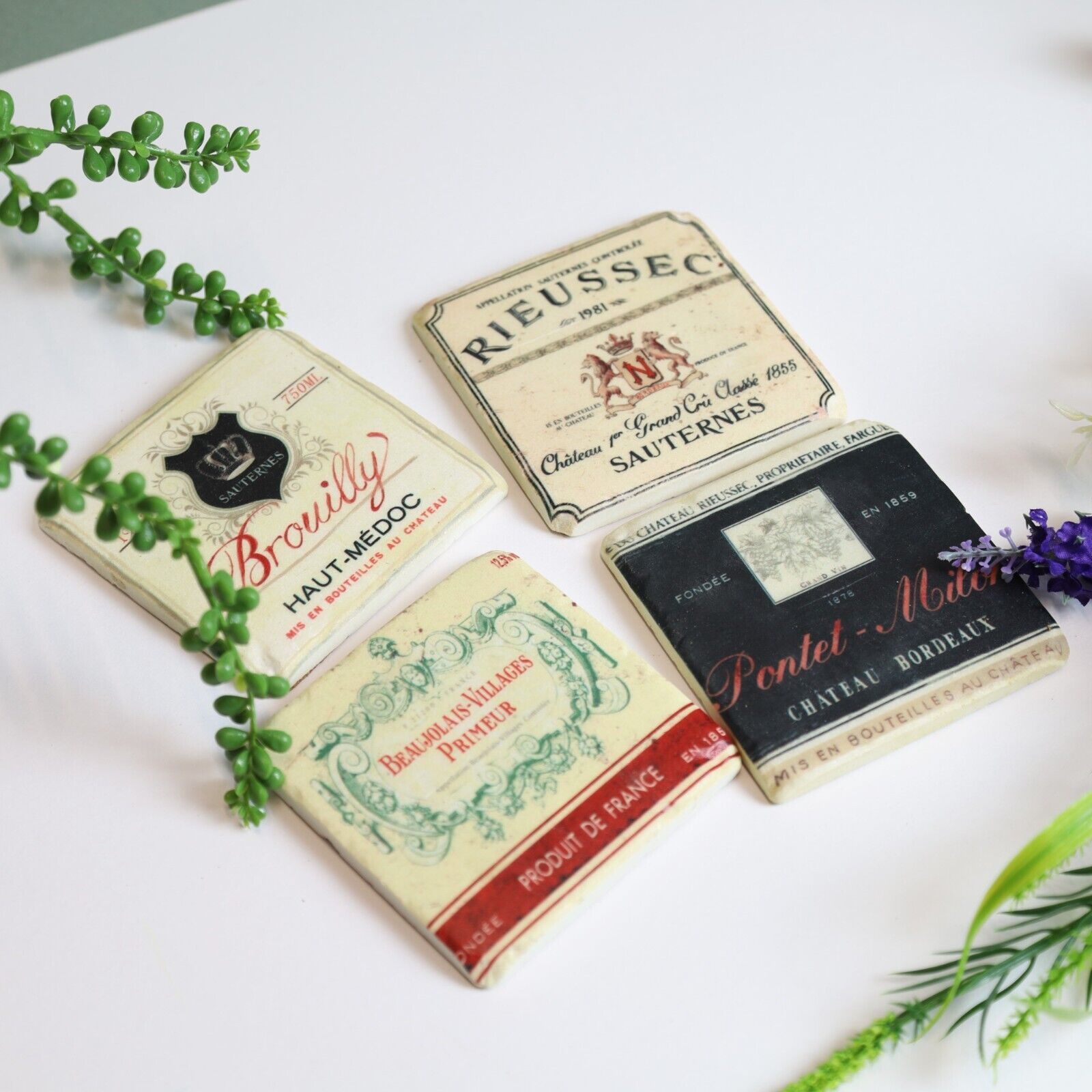 French Wine Label Coasters Boxed Set of 4 Tiles Vintage Antique Shabby Chic
