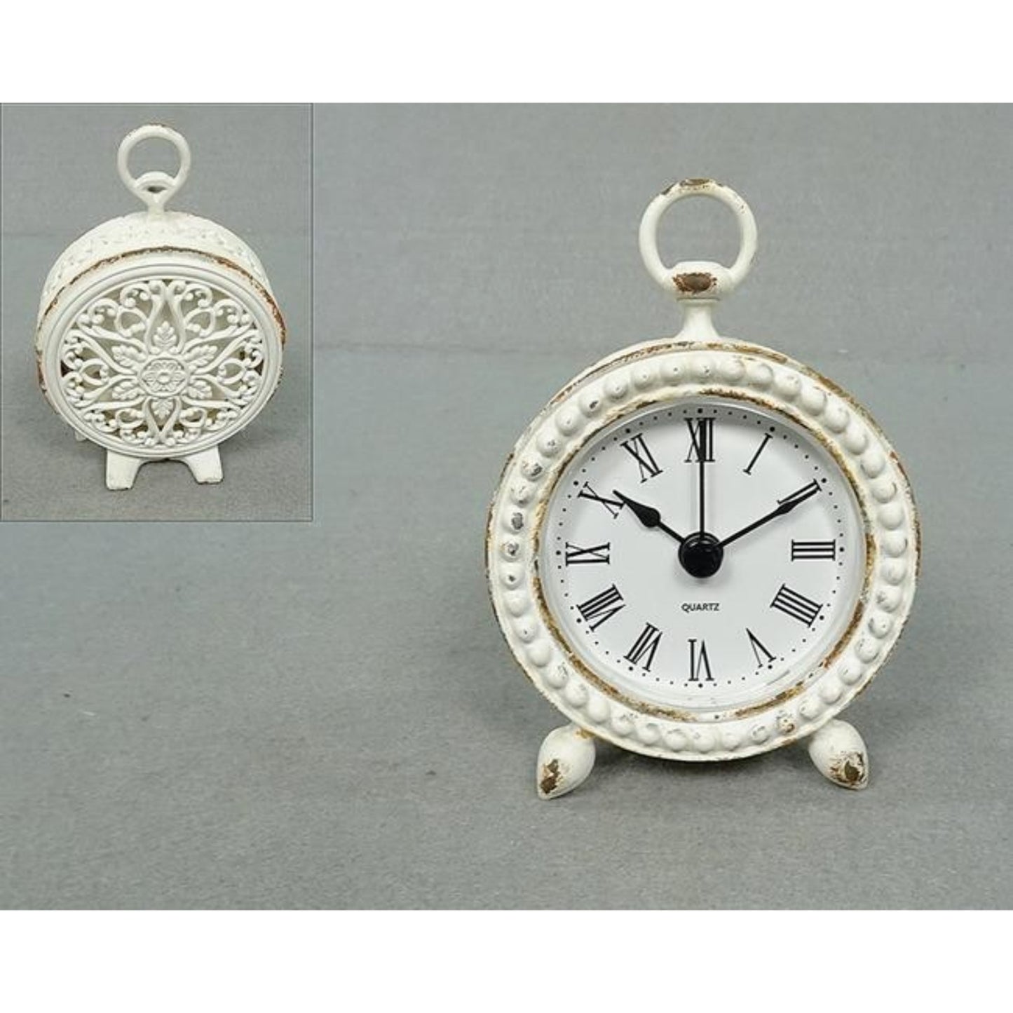 White Metal Mantel Clock Numeral Rustic Shabby Chic Ring Handle Table Time Piece
