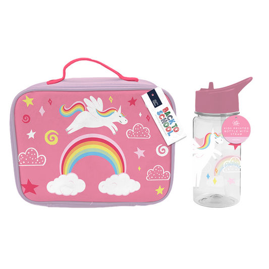2Pc Unicorn Printed 400ml Water Bottle & Lunch Bag Zip Handle Girls Kids School