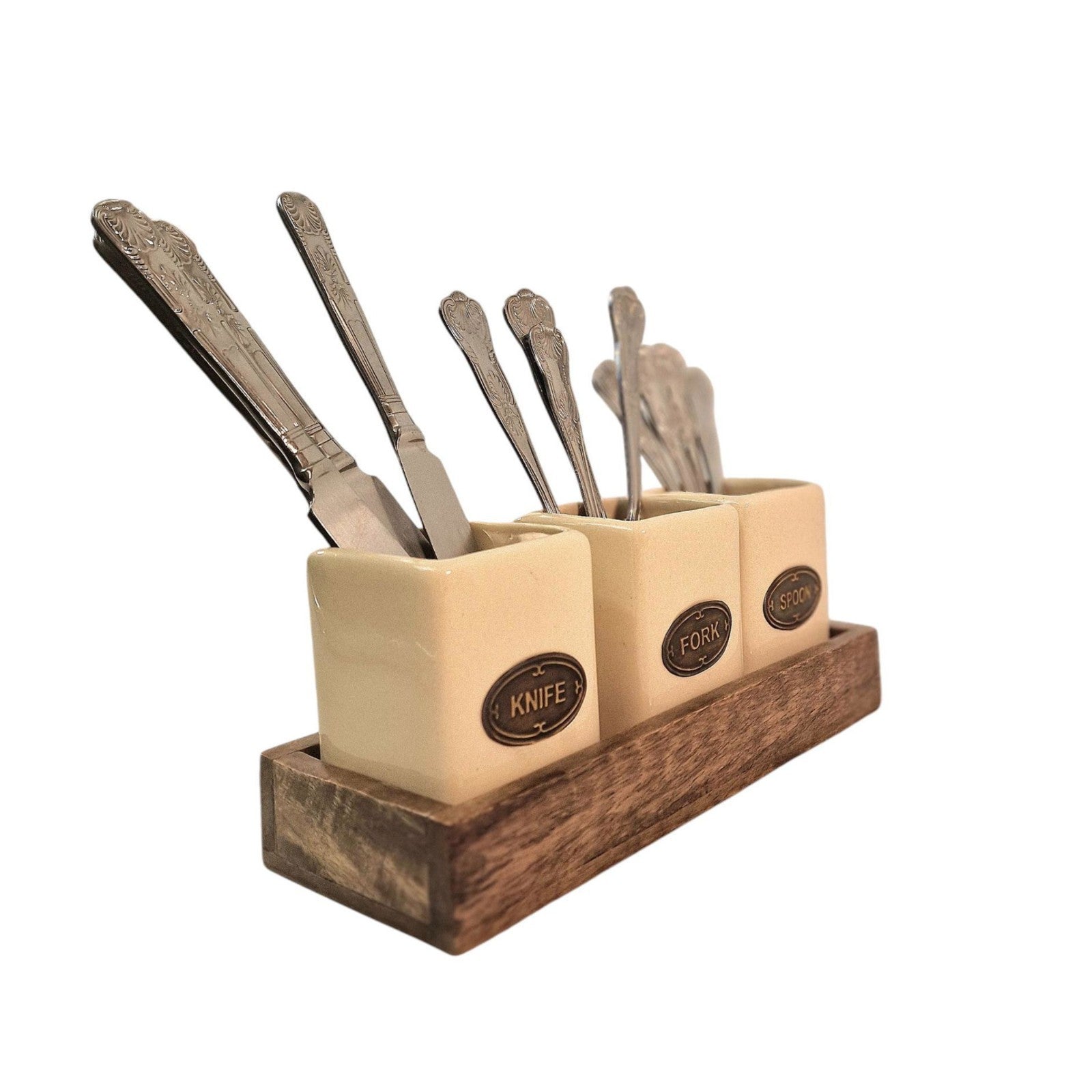 Knife, Fork & Spoon Ceramic Holder Storage Set with Mango Wooden Tray Organizer