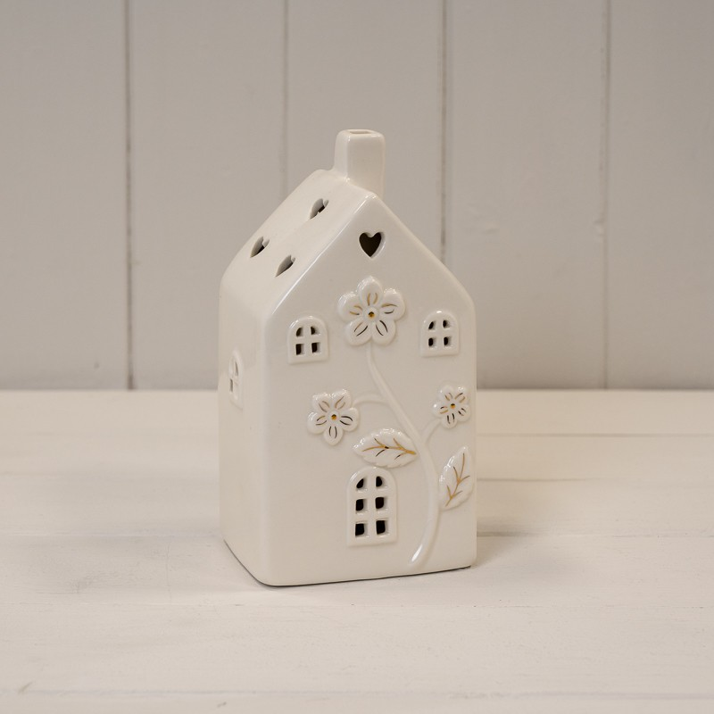 Ceramic White House LED Light Up Ornament Glazed Textured Heart Cutout Flower