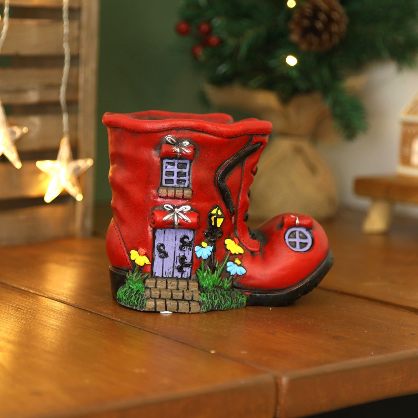 Cement Red Fairy Door House Planter 19cm Christmas Xmas Home Garden Plant Pot