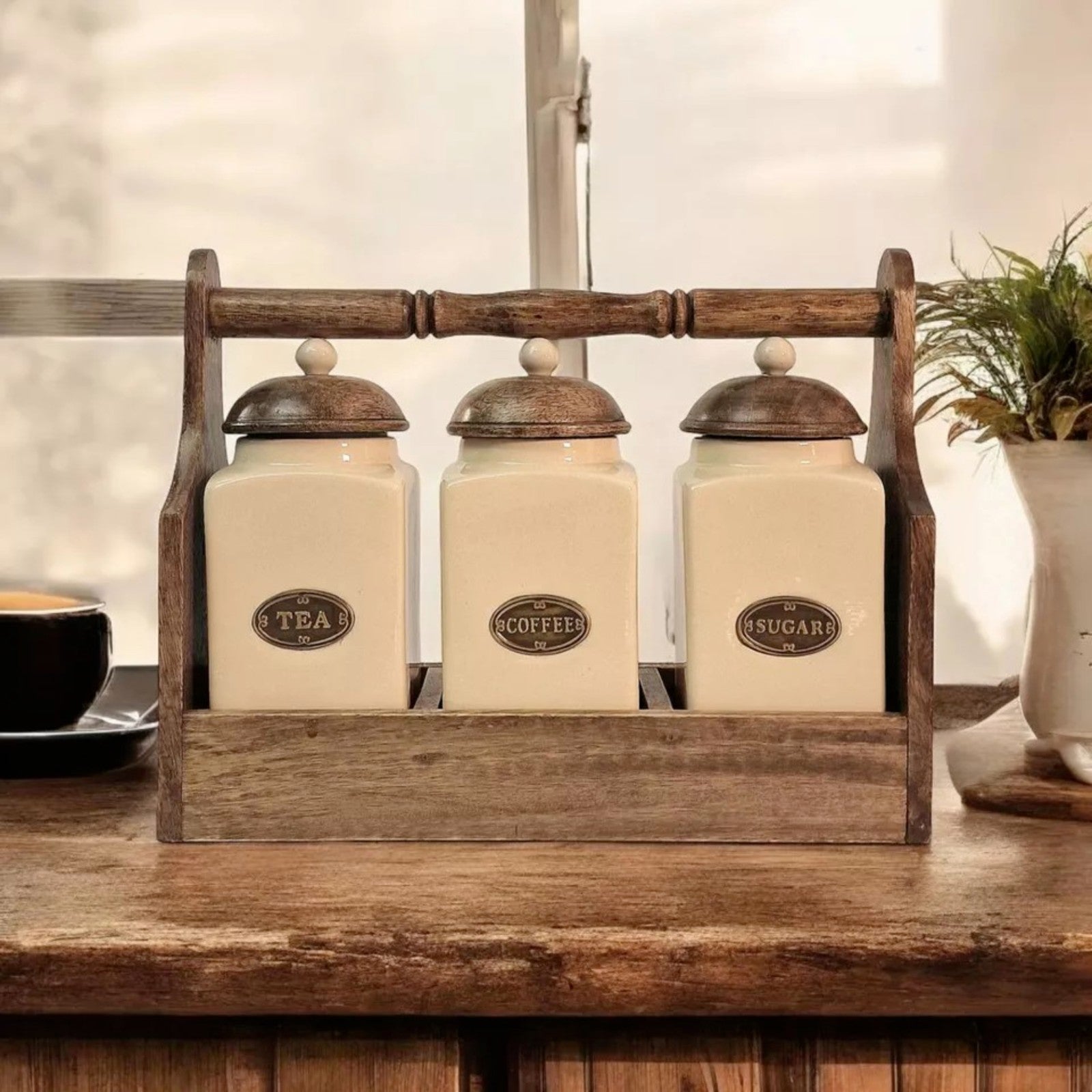 Cream Ceramic Coffee Tea Sugar Jars Air Tight Lids Brown Wooden Rack Kitchen