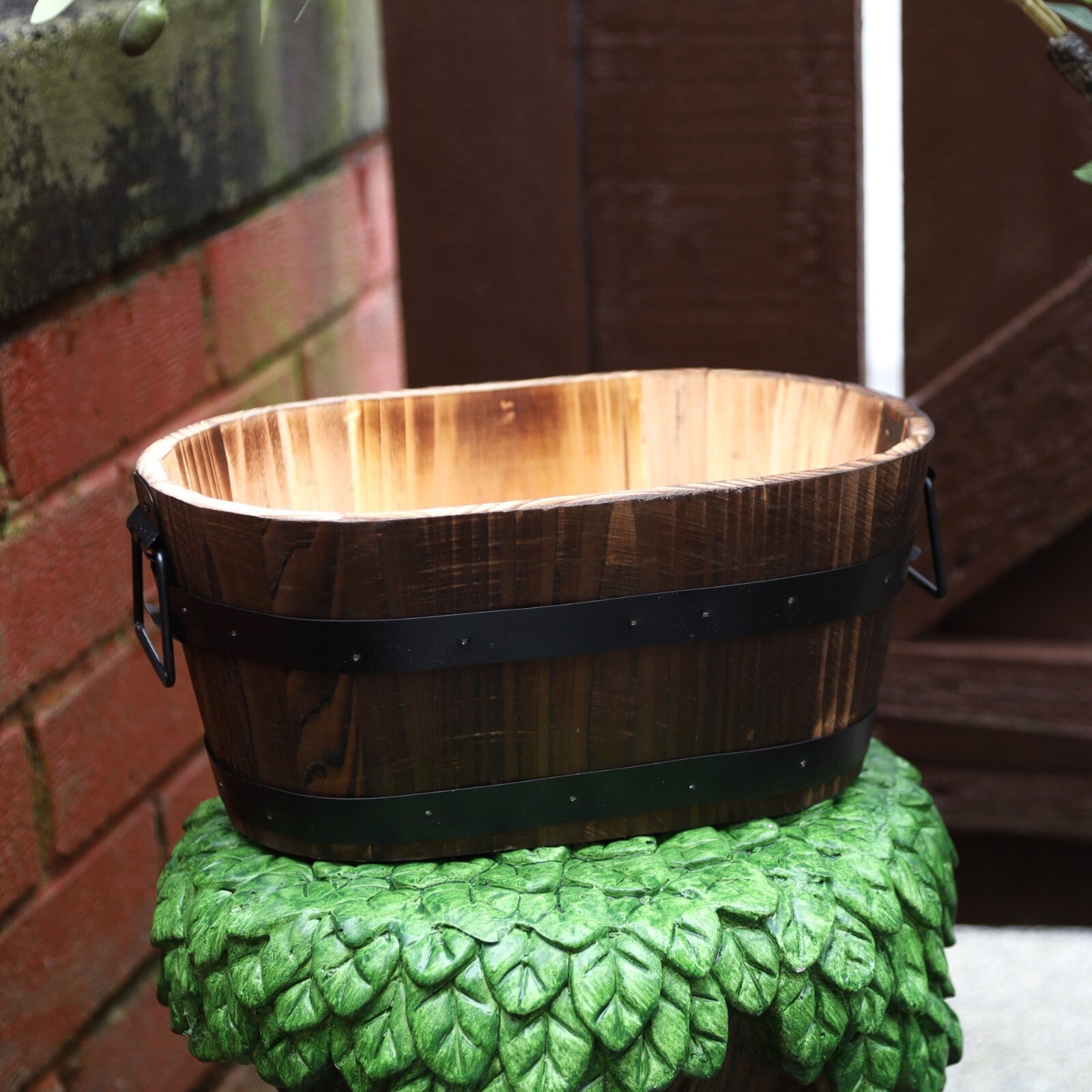 2Pc Oval Wooden Container Planter 30cm, Metal Handles Band Outdoor Garden Pot