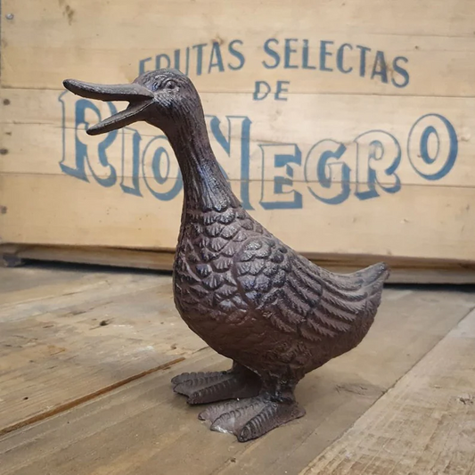 Small Cast Iron Happy Duck Garden Ornament Rustic Standing Lawn Figure Sculpture