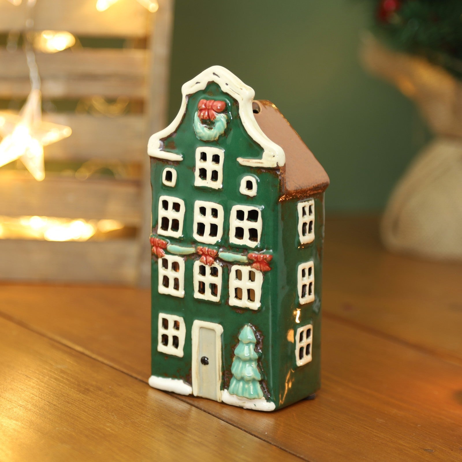 Ceramic Christmas Tealight Holder Cottage Village Scene Townhouse Xmas Ornament