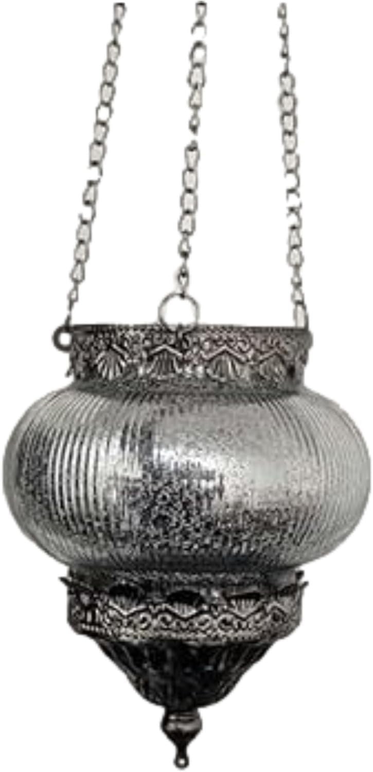 Silver Glass Hanging Lanterns 48cm Moroccan Candle Holders with Chain Metallic