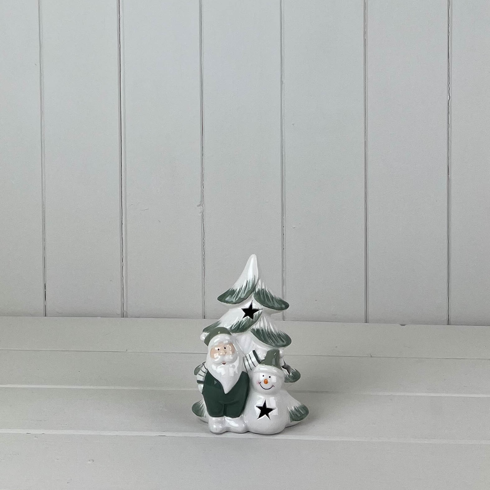 Green White Ceramic Christmas Tree with Snowman and Santa with LED Light Up Xmas