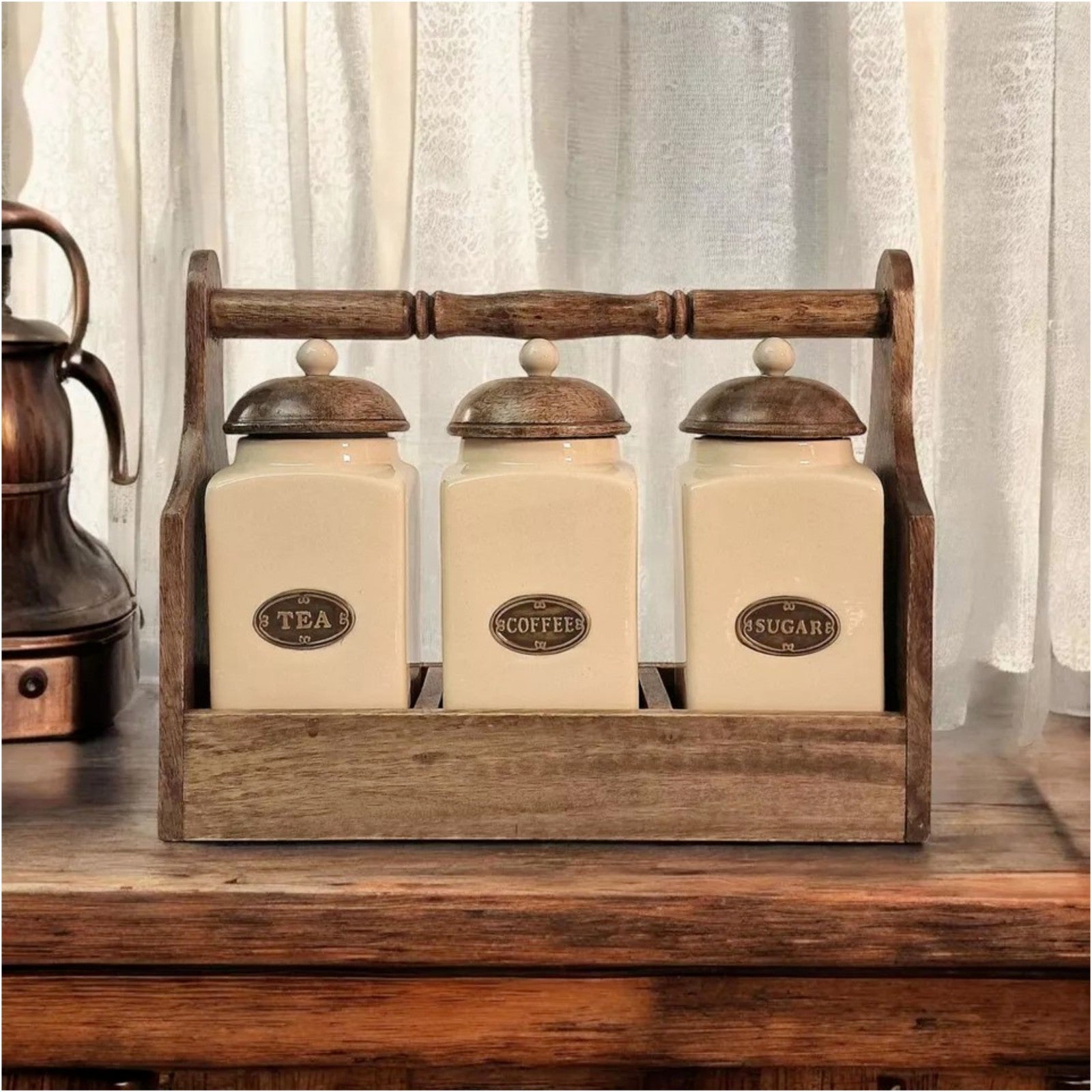 Cream Ceramic Coffee Tea Sugar Jars Air Tight Lids Brown Wooden Rack Kitchen