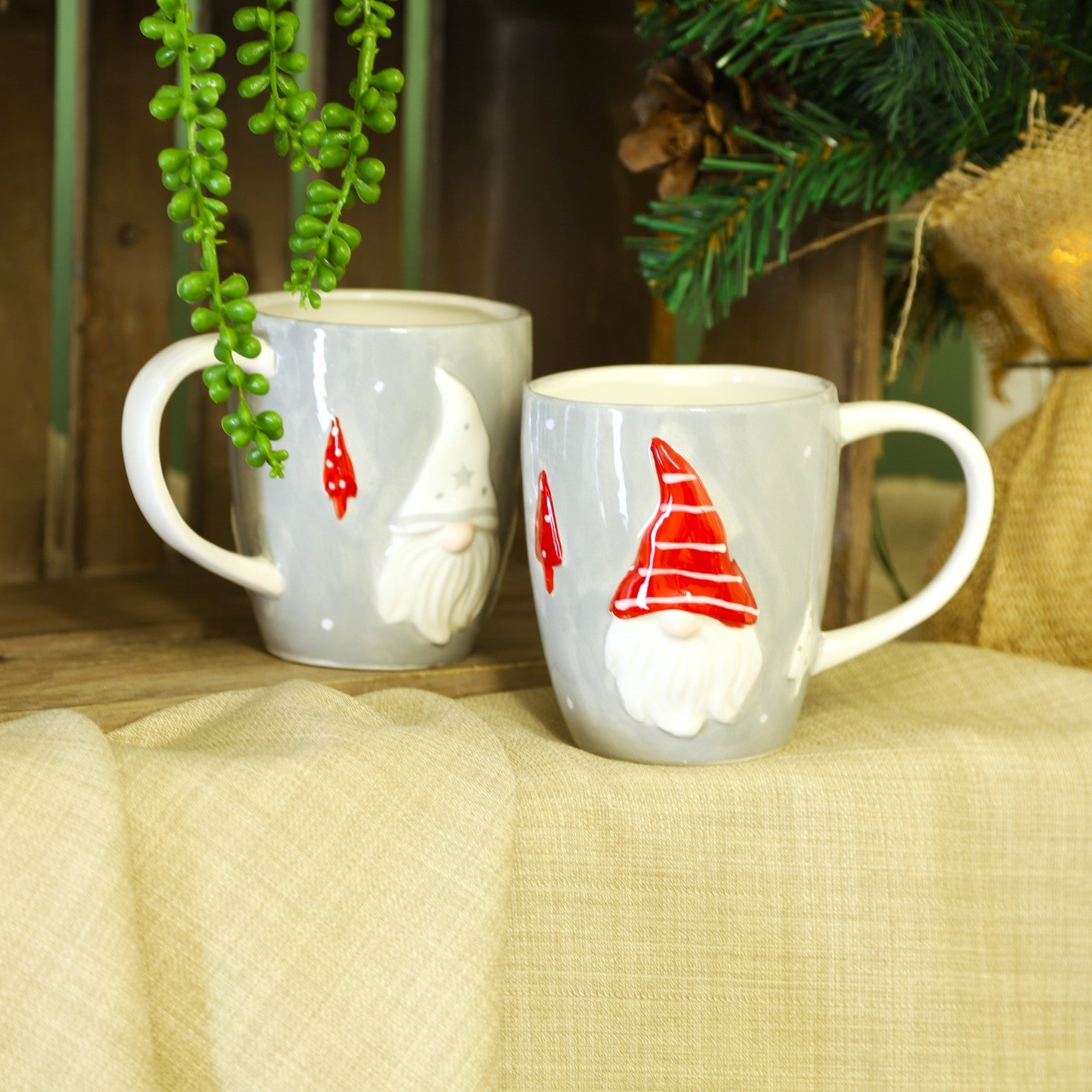 Ceramic Gonk Mug Grey and Red Christmas Coffee Tea Cup Novelty Xmas Festive