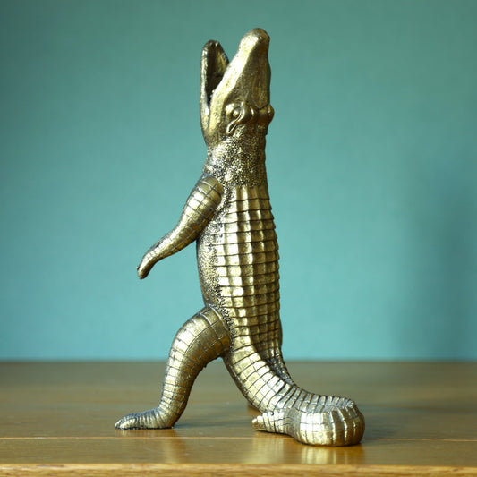 Resin Gold Gobbling Alligator Taper Dinner Candle Stick Holder Antique Statue