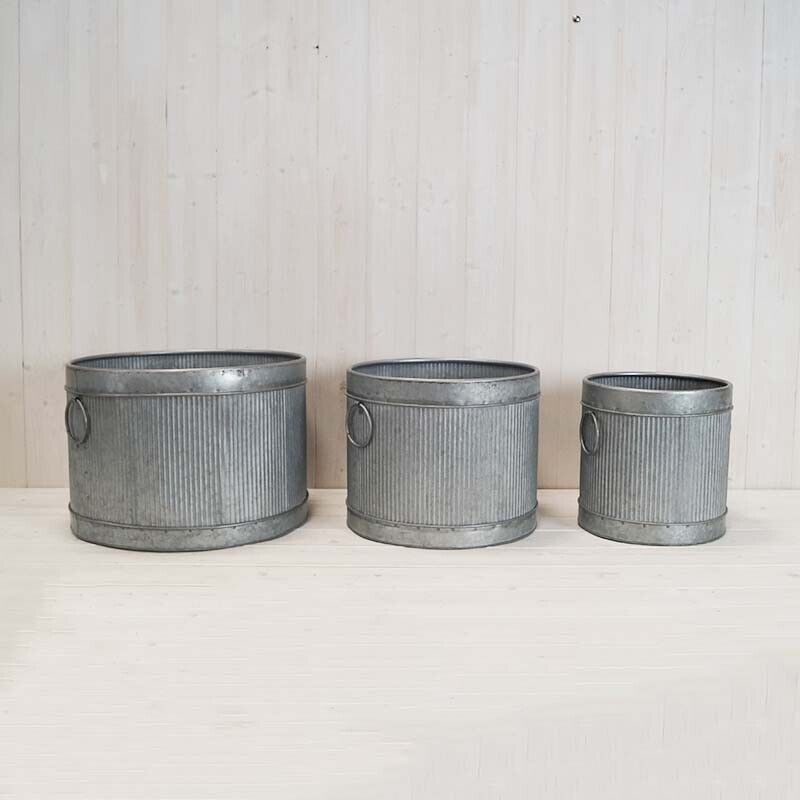3X Large Round Vintage Galvanised Metal Ribbed Planters Plant Flower Pot Handles