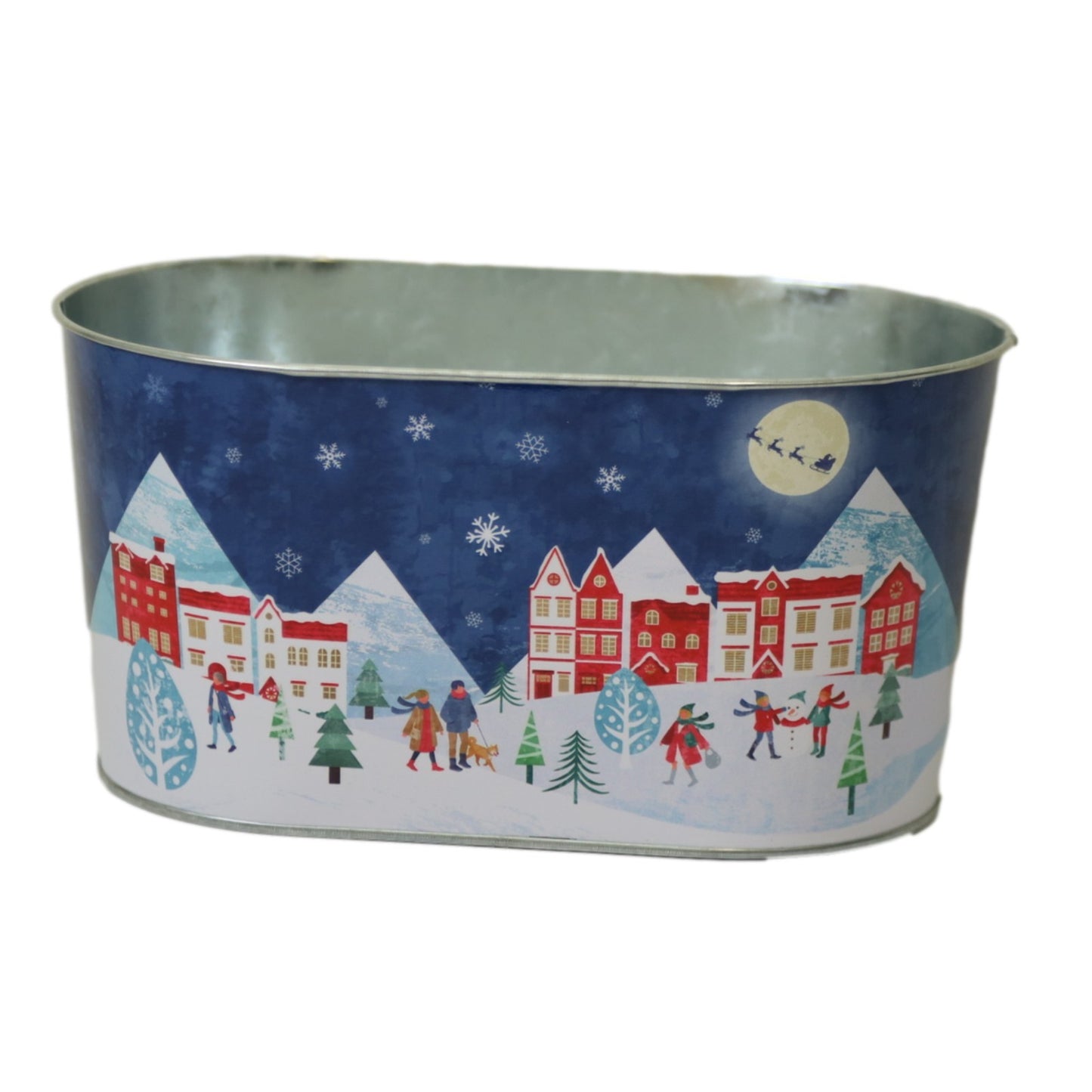Blue Oval Zinc Trough Christmas Village Scene Planter Festive Xmas Decor Pot