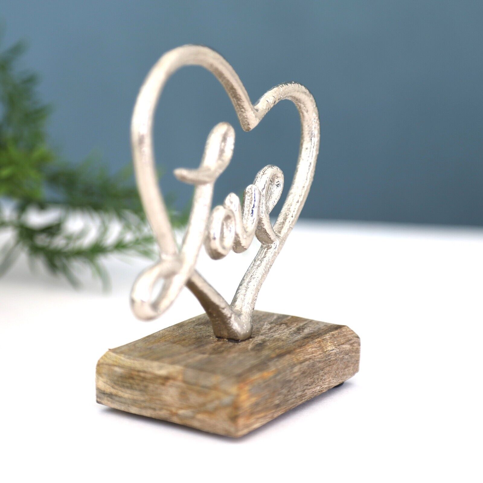 13.5cm Silver Heart with Love on Wooden Plinth Home Decor Ornament Figurine