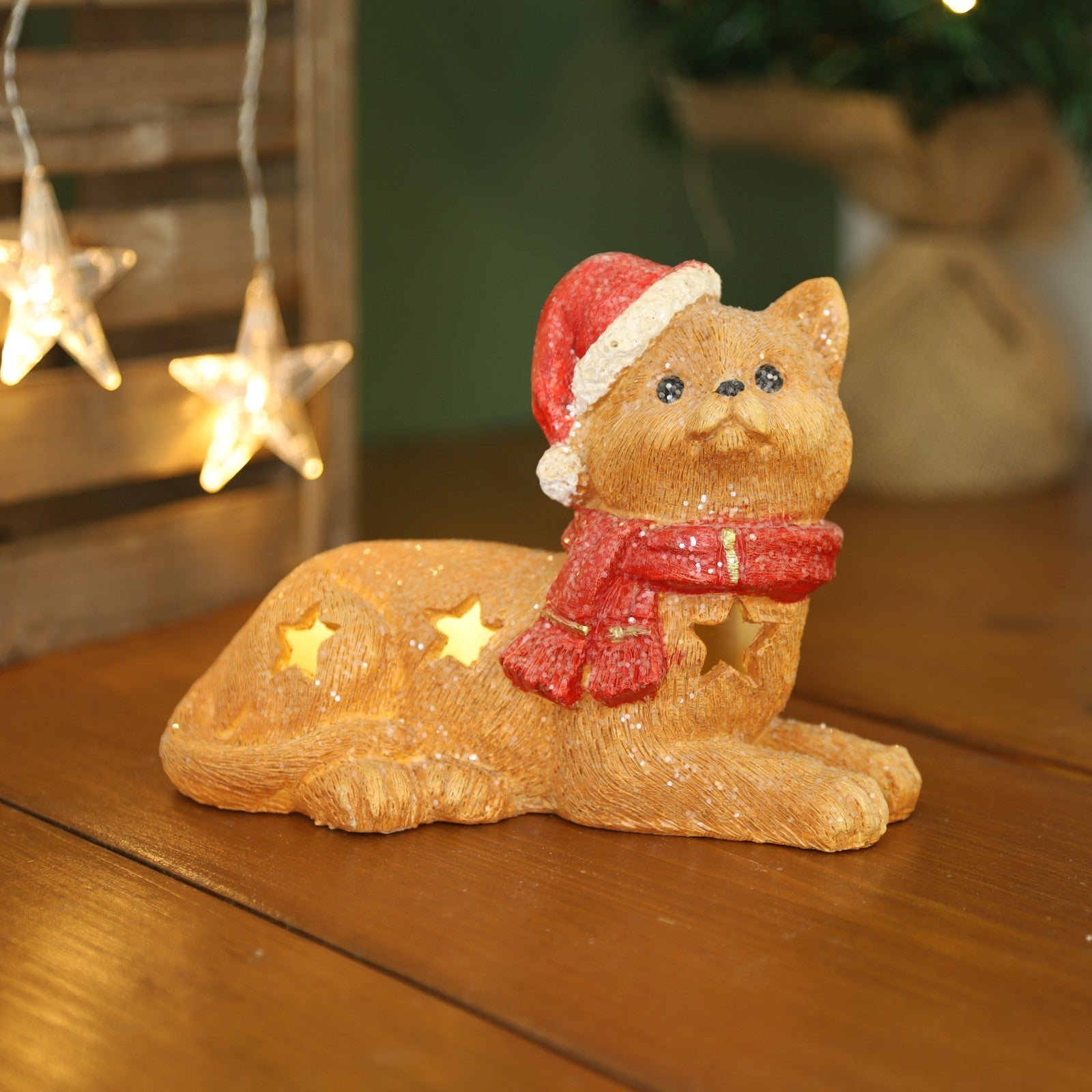 Christmas Cement Sitting Cat With Led Ornament Scarf Cap Stars Cutout Home Gift