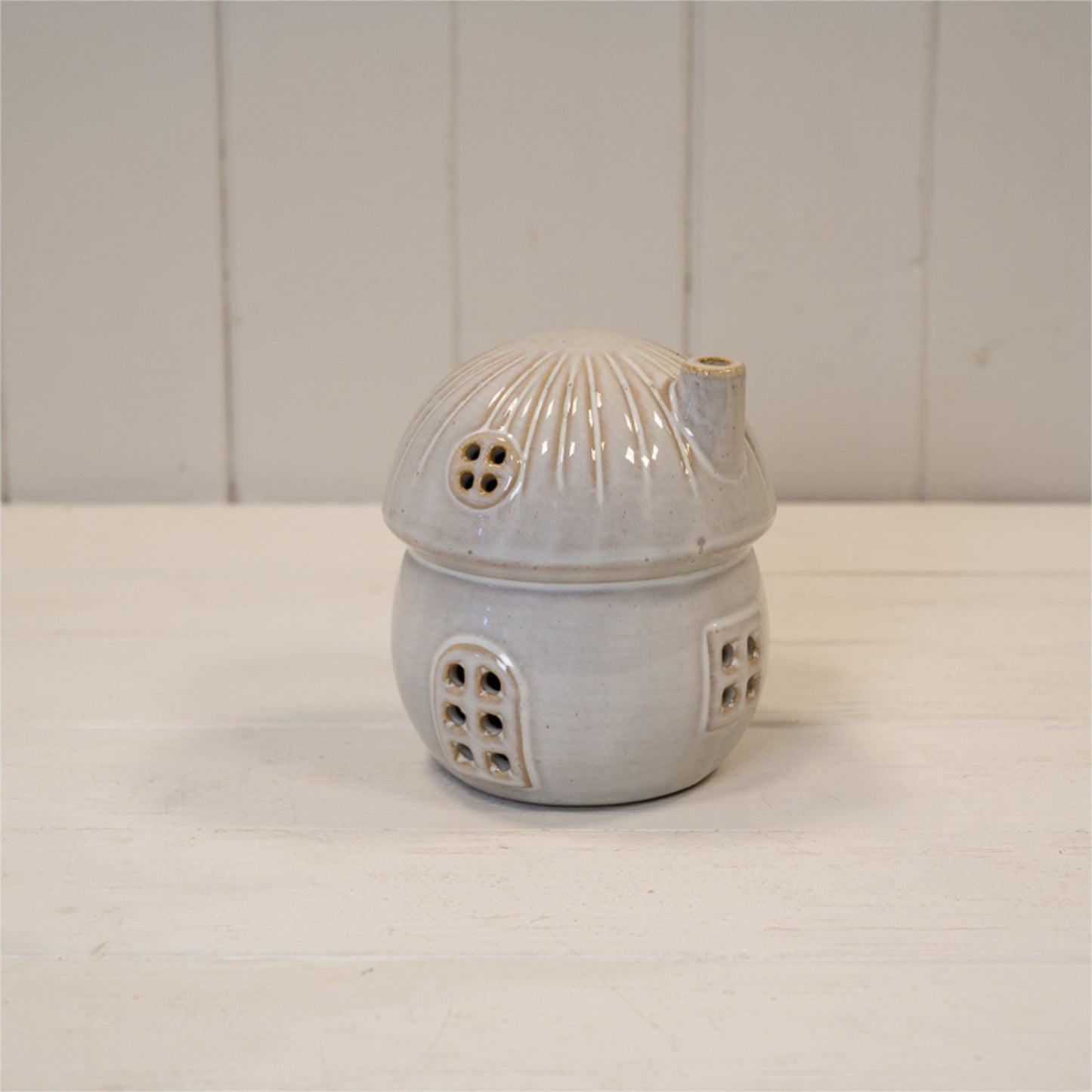 Glazed Ceramic Mushroom House LED Ornament Shelfsitter Textured Autumn Halloween