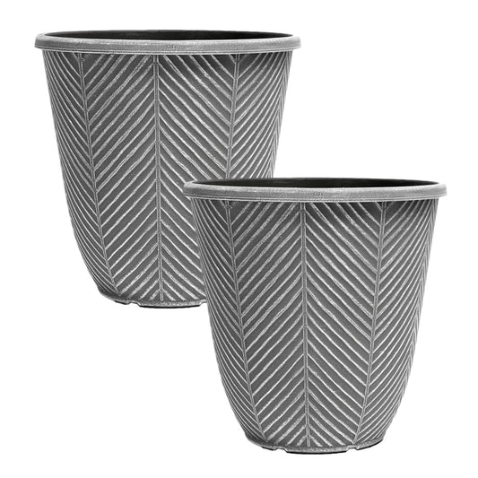 2Pc Round Plastic Silver Grey Plant Pot 31cm Tall Outdoor 13L Garden Planter Pot