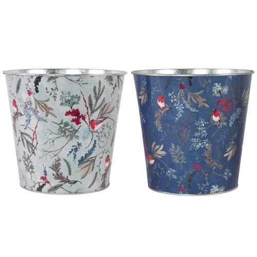 Tin Pail Robin Floral Plant Pot 16cm Christmas Metal Planter Xmas Bucket Home