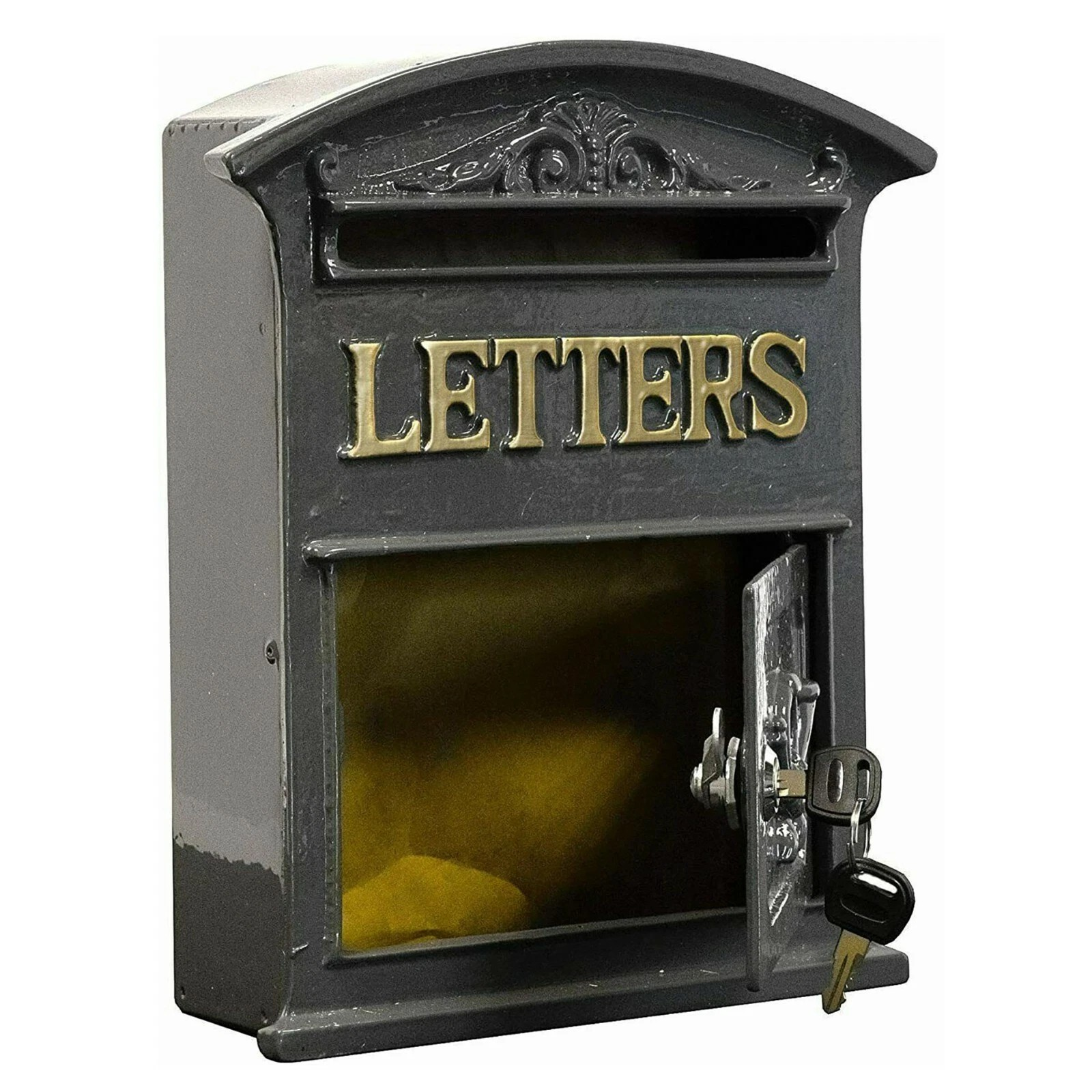 Grey Cast Iron Post Box Wall Mounted Lockable Letter Box Antique Metal Mailbox