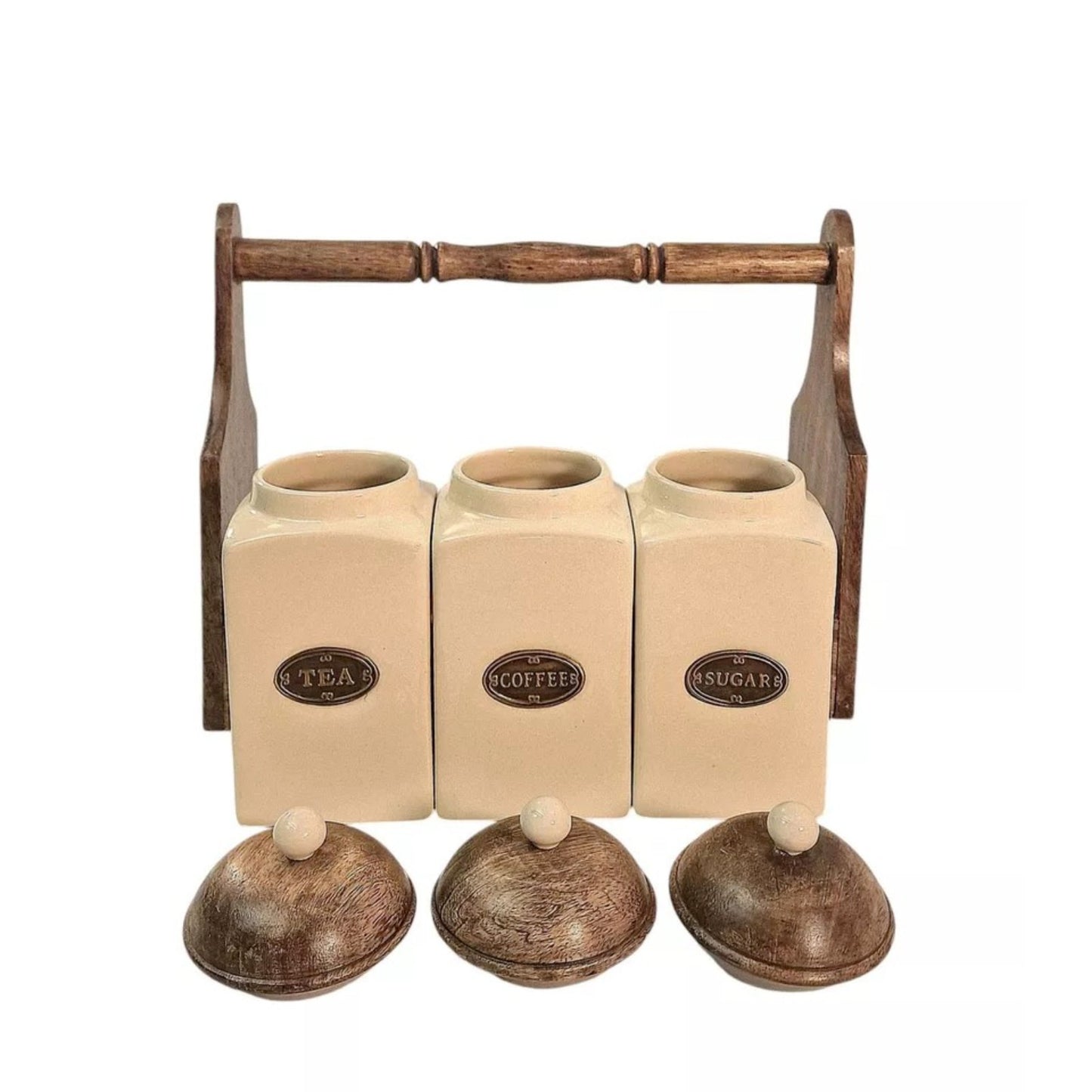 Cream Ceramic Coffee Tea Sugar Jars Air Tight Lids Brown Wooden Rack Kitchen
