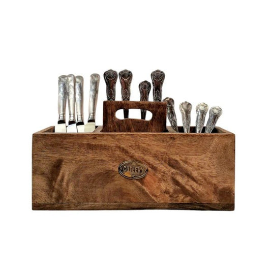 Mango Wood Cutlery Stand with Handle Kitchen Dining Table Caddy Utensils Holder
