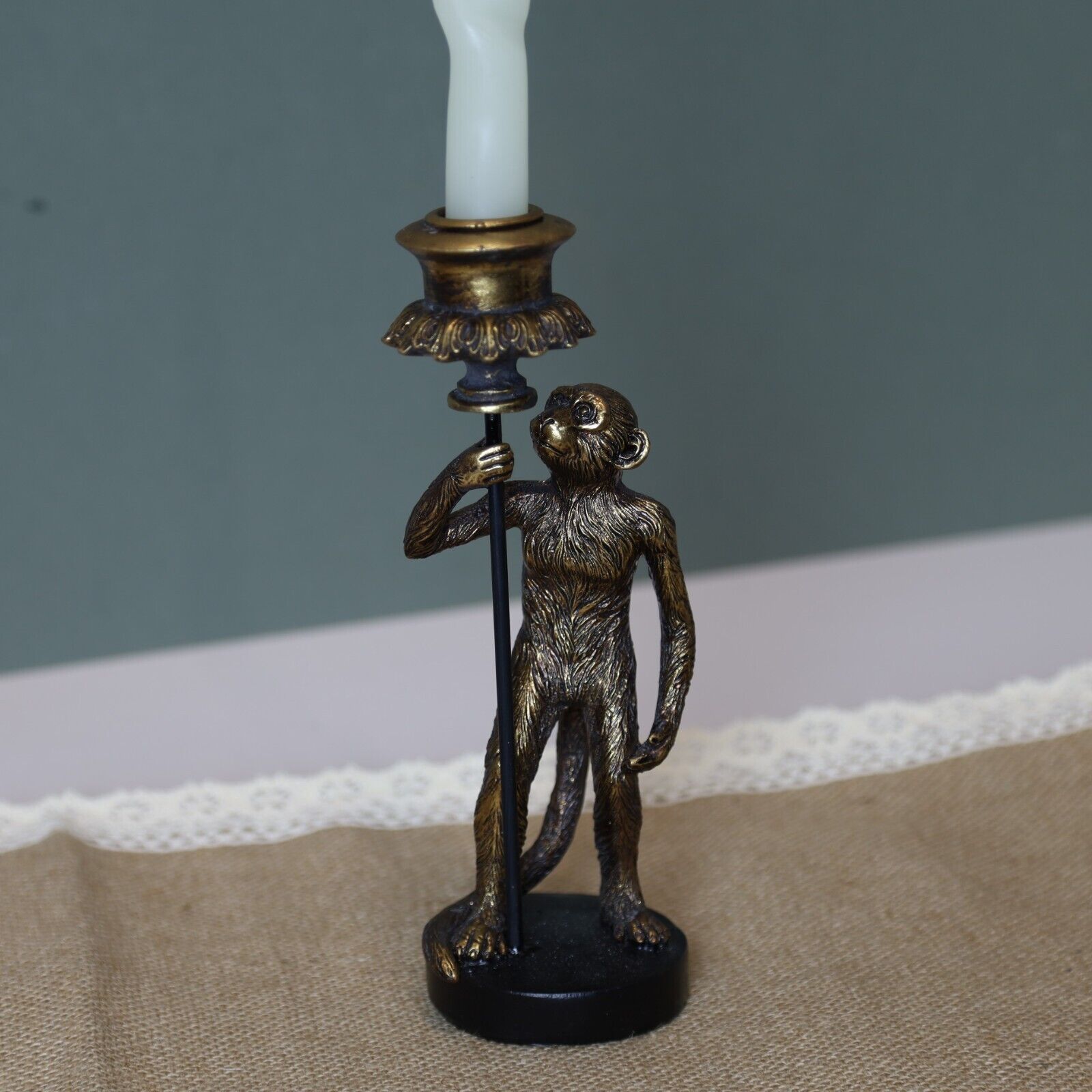 24cm Antique Copper Resin Monkey Tapered Candle Stick Holder Animal Statue