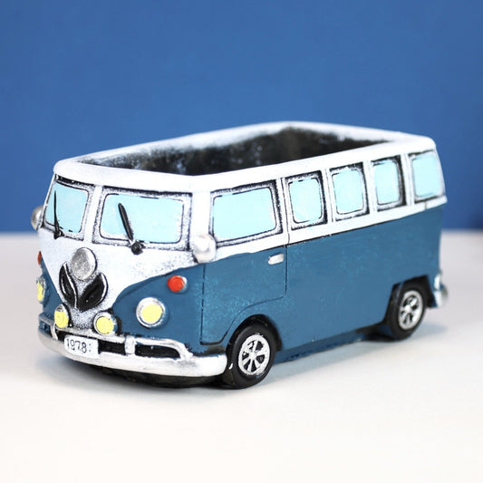 12cm Blue Campervan Planter Garden Plant Herb Flower Retro Pot Cement Trough