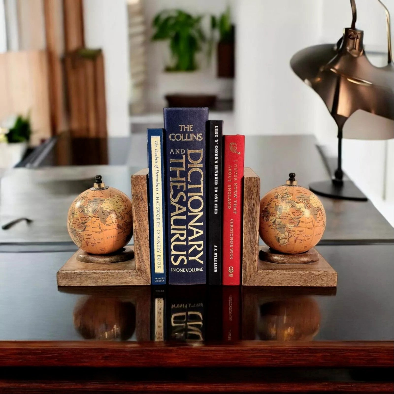 Mango Wooden Pair of World Globe Bookends Set Home Office Shelfsitter Stationery